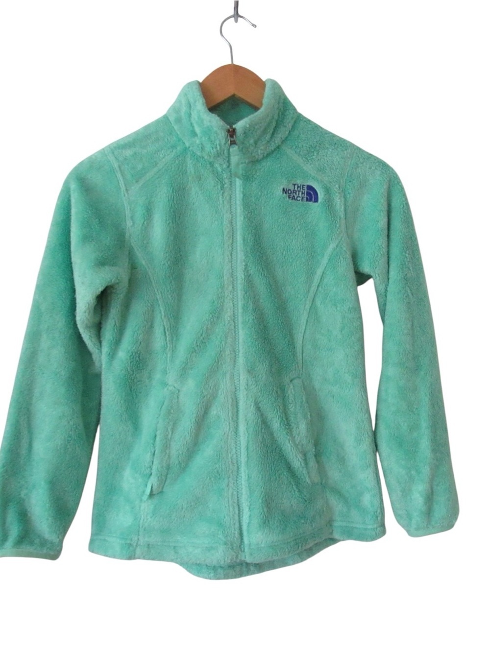 The North Face Girls Fleece Jacket Medium Green Furry Full Zip Pockets Outdoors